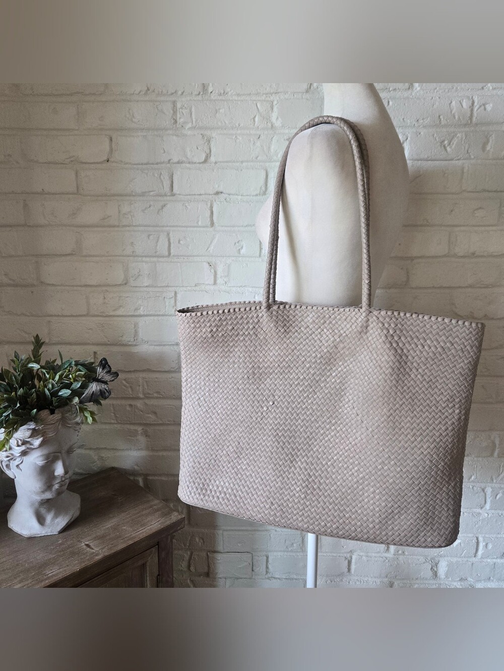 Sold Out Color Taupe Quince Handwoven Italian Leather Tote, 20", Beach, Work - Picture 2 of 13